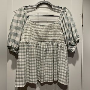 Mittoshop Mint Gingham Smocked 3/4 Sleeve Top NWT